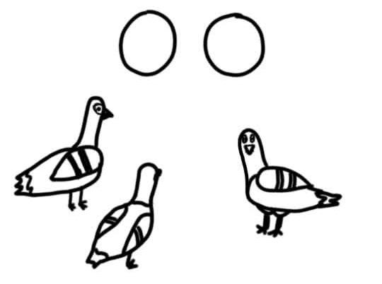 Cartoon of three pigeons and two holes, illustrating the pigeonhole principle