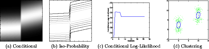 \begin{figure}\center
\begin{tabular}[b]{cccc}
\epsfxsize=1.3in
\epsfysize=1....
...y &
(c) Conditional Log-Likelihood & (d) Clustering
\end{tabular}
\end{figure}