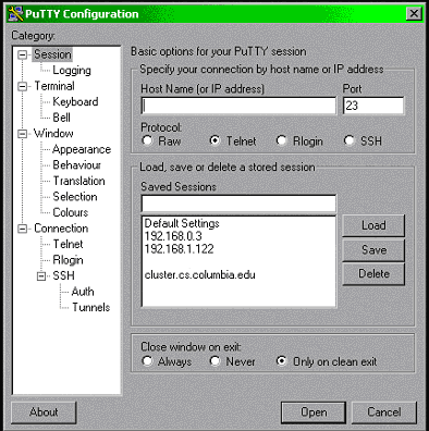 putty configuration screen