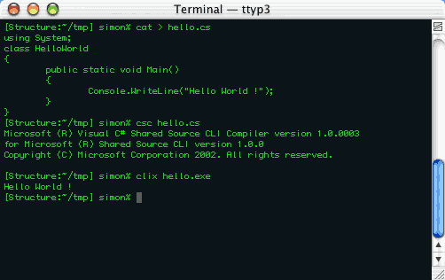 Screenshot of how to use csc and clix to compile and execute C# programs