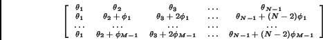 \begin{displaymath}
{\scriptsize \left[ \begin{array}{ccccc}
\theta_1 & \theta_2...
... \ldots & \theta_{N-1} + (N-2)\phi_{M-1}
\end{array} \right]
}
\end{displaymath}