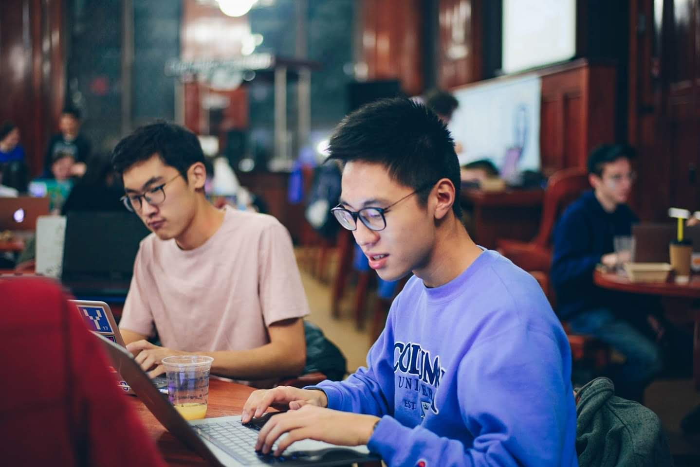 Jin Woo Won and Junyao Shi at the AP hackathon, hacking away as Jae played some music.