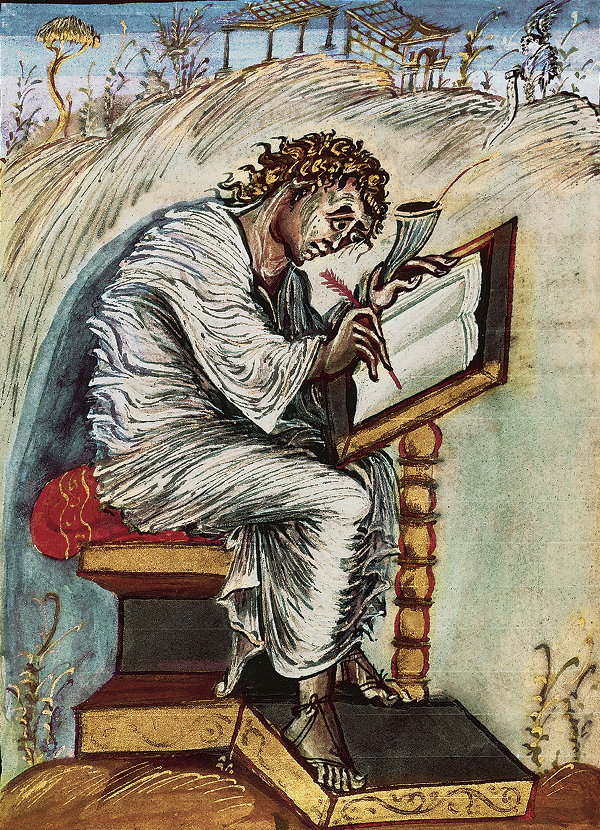 Saint Matthew writing his gospel, from the Ebbo Gospels