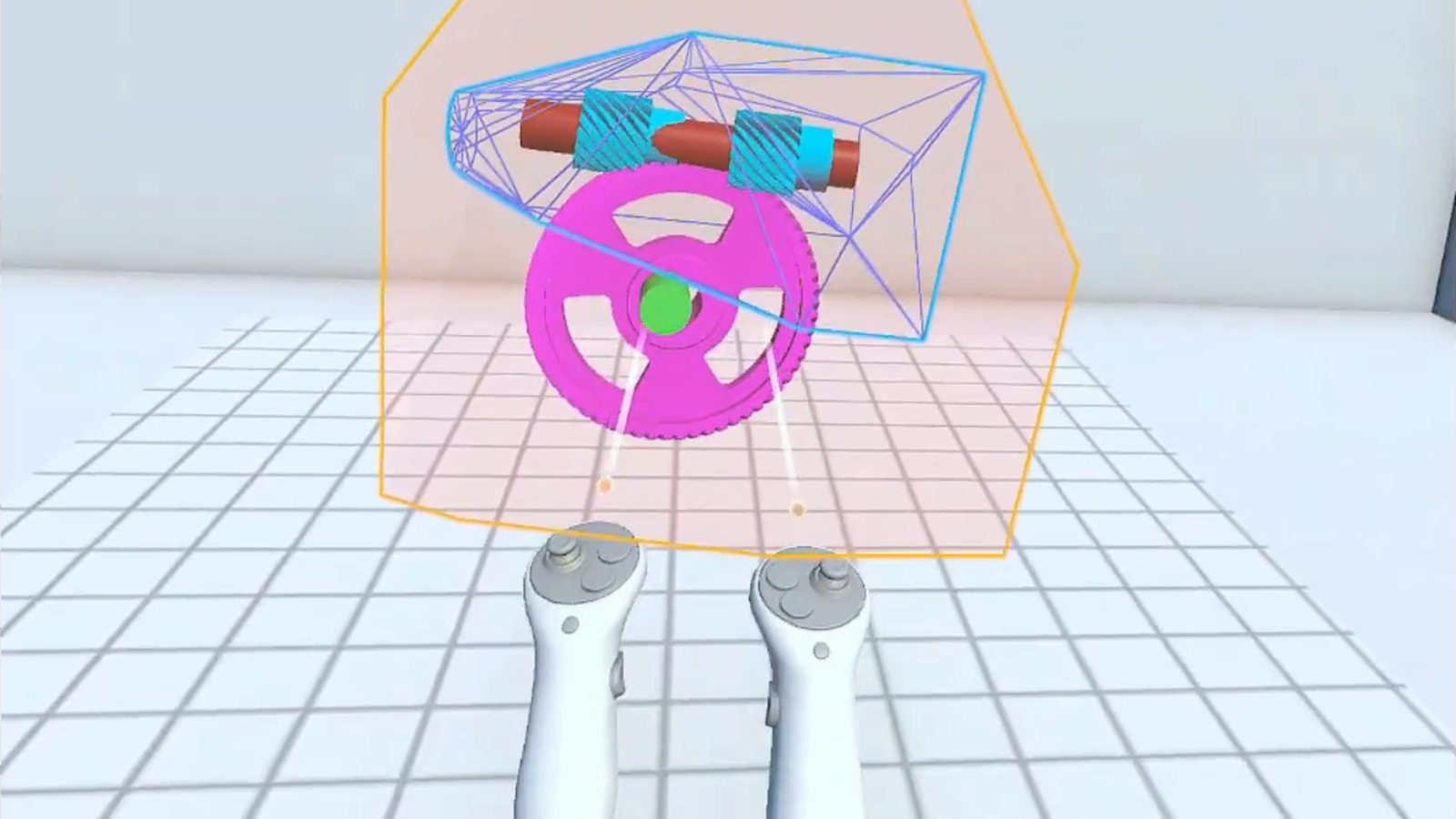 Still from the video: a gear and a group of parts inside nested hulls, with two controllers below. Opens on YouTube.