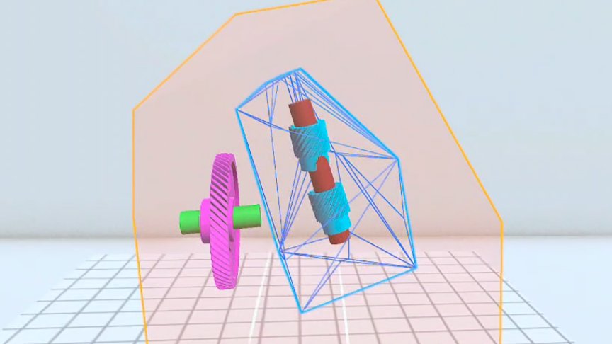 VR view of two nested hulls above a floor grid. A blue wireframe hull around a red shaft with two cyan gears sits inside a translucent orange hull, which also holds a pink gear on a green shaft.