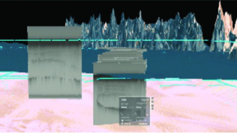 XR view of ice-penetrating radar cross-sections standing as vertical panels above a terrain surface, with a data panel at right.