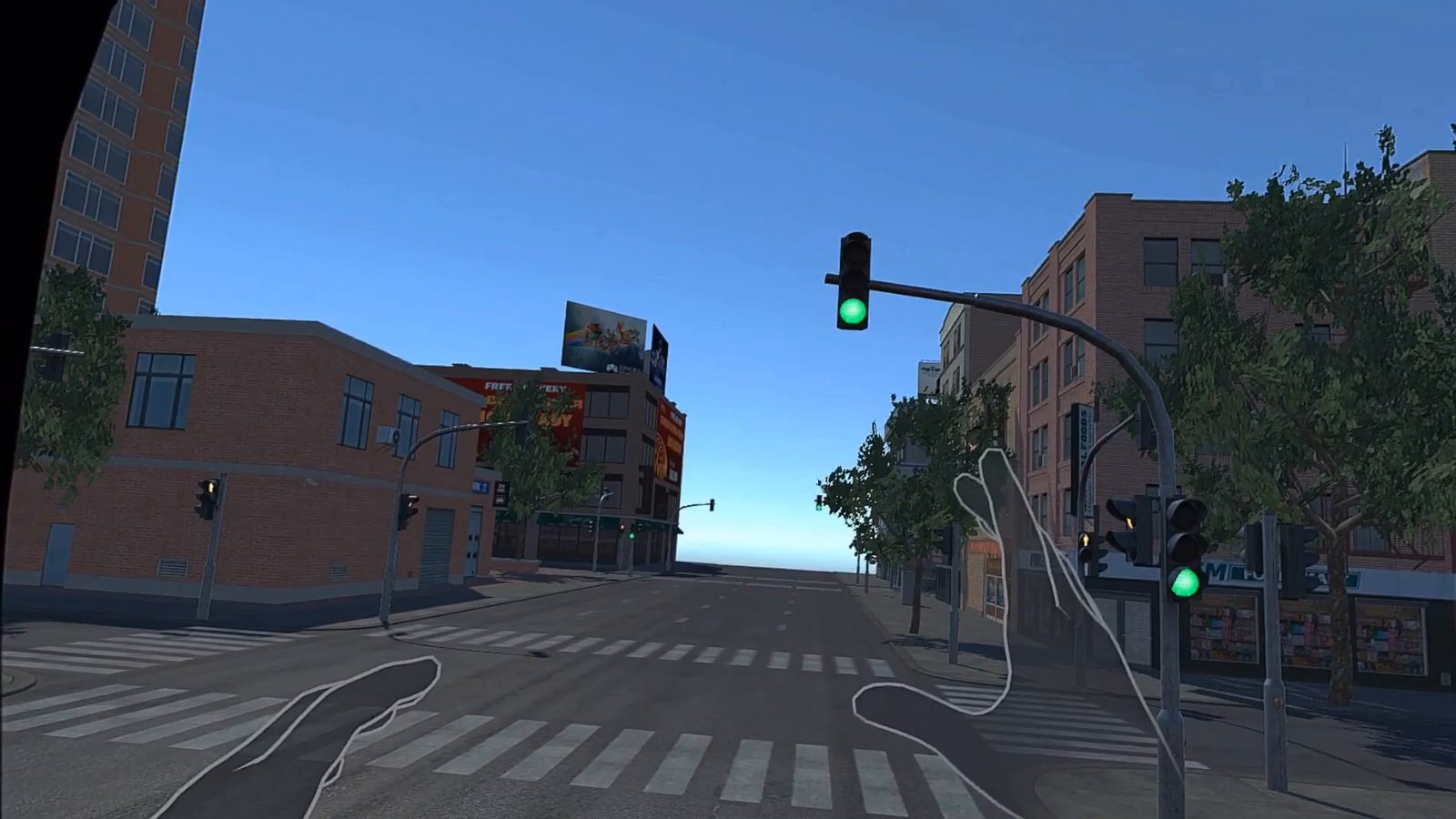 Still from the video: a city street with a traffic light, seen from the headset with tracked hands. Opens on YouTube.