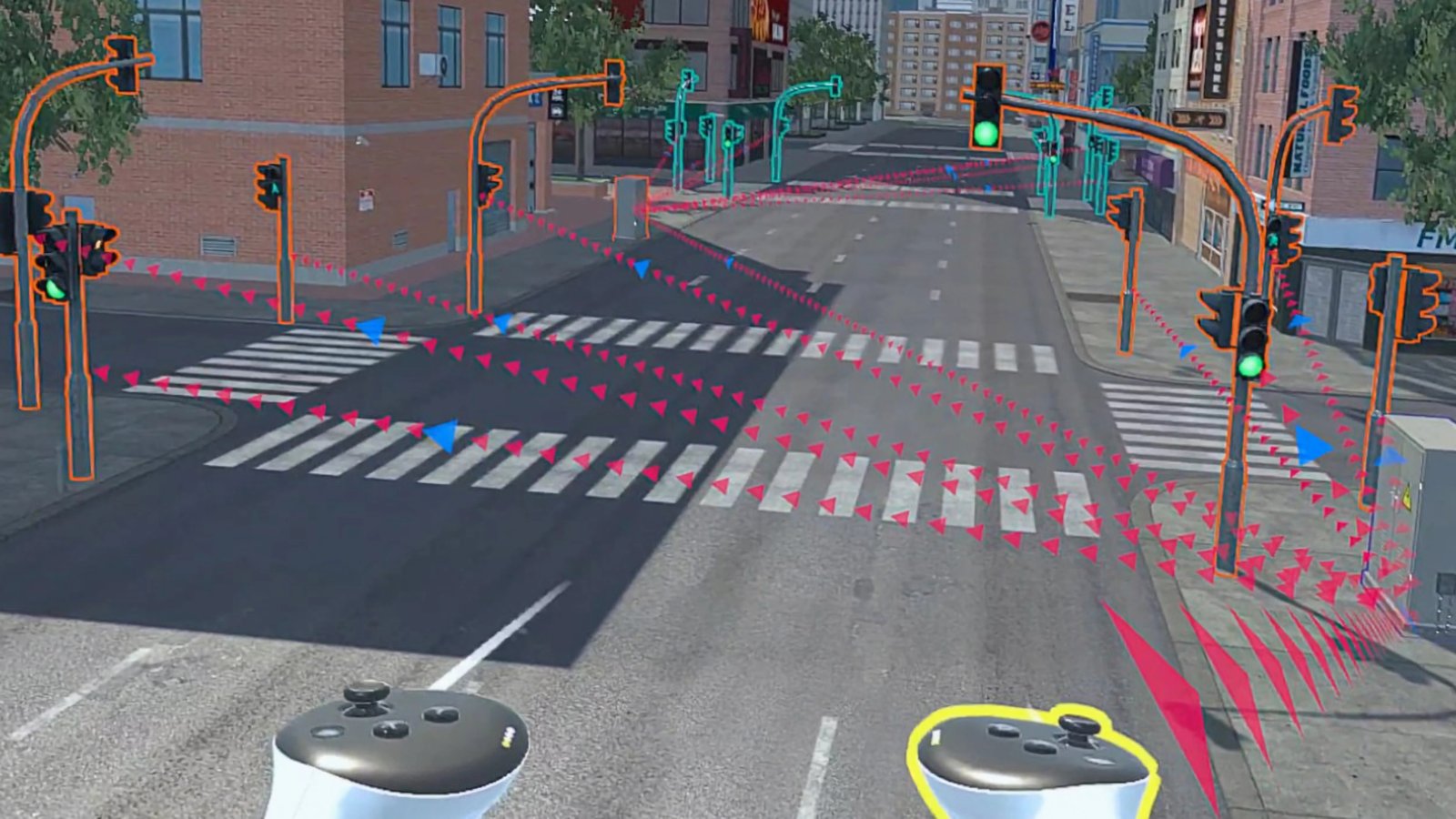 Headset view of a city street crossing. Traffic lights are outlined in orange nearby and in bluish green farther away, red arrowheads run along the links between them, and blue arrowheads mark messages in transit.