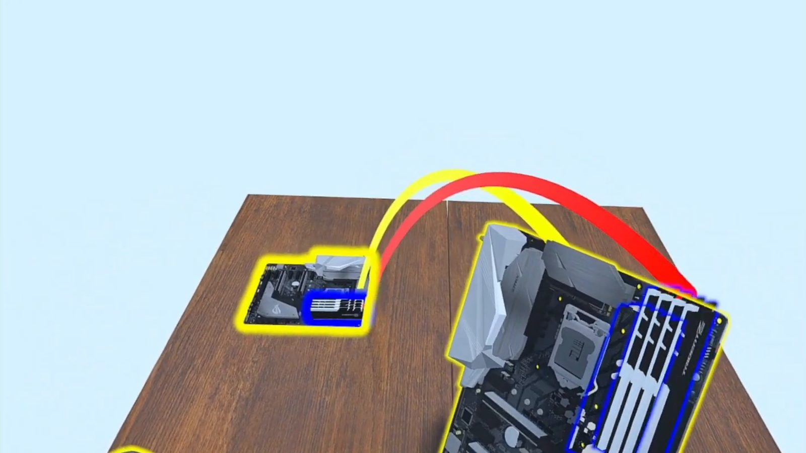 Still from the video: a motherboard and its proxy on a table, joined by a red curve. Opens on YouTube.