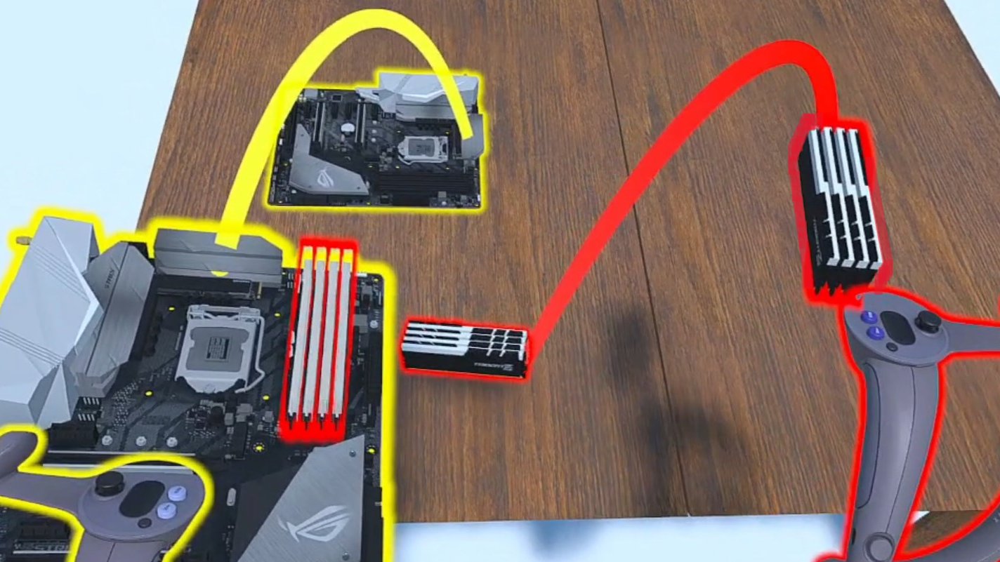 VR view over a wooden table. The left controller holds a motherboard proxy outlined in yellow, joined by a yellow arc to the original motherboard on the table. The right controller holds a RAM proxy outlined in red, joined by a red arc to the original RAM module, and a red outline on the motherboard proxy marks where the RAM goes.