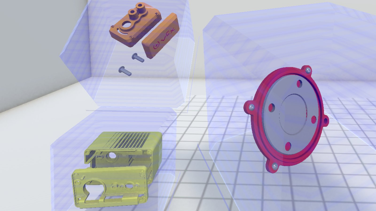VR scene with three groups of motor parts, each in its own translucent blue hull: two orange shell parts and two screws at upper left, two yellow frame parts at lower left, and the assembled inner chassis, a red ring around a gray disk, at right.
