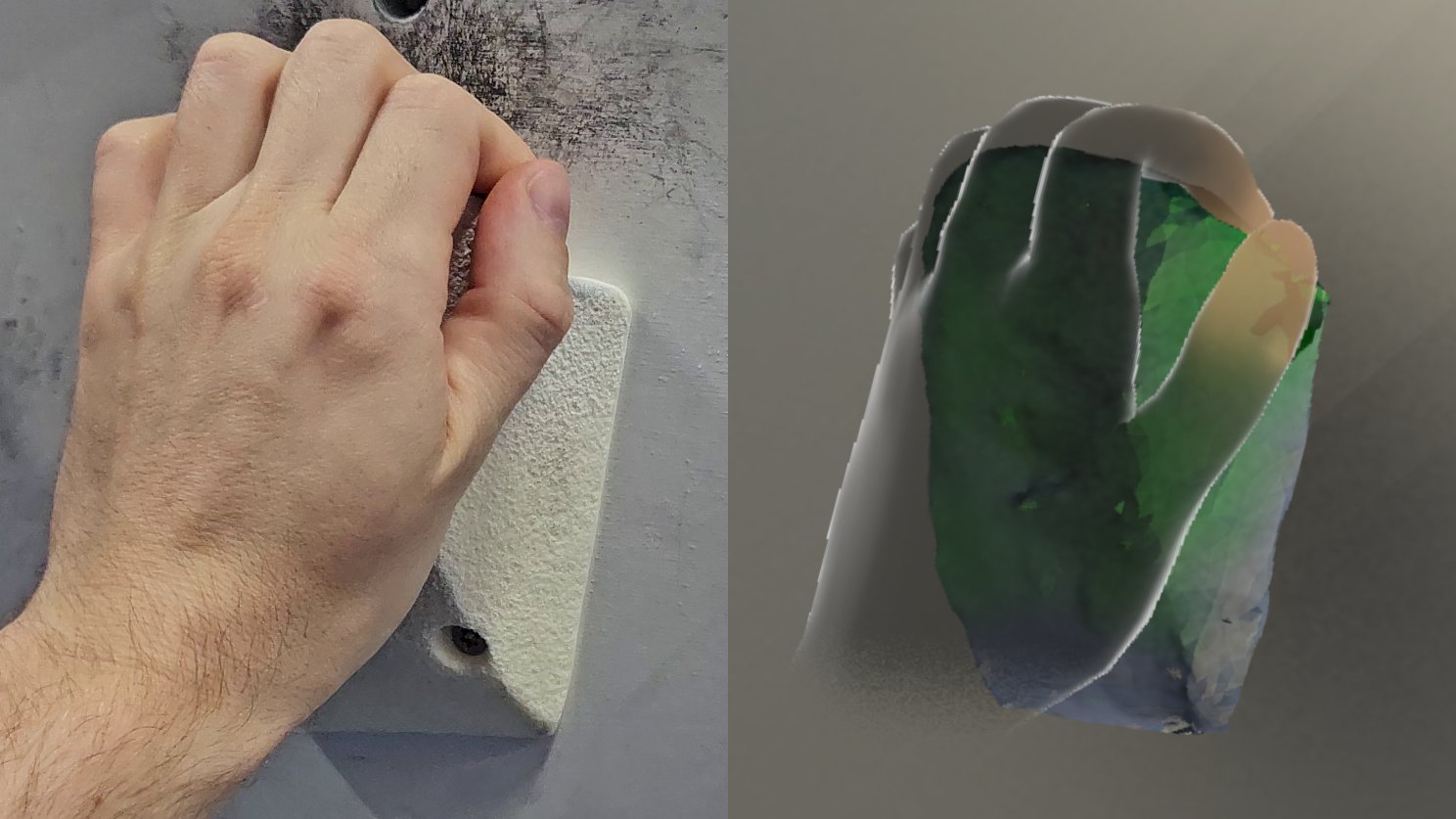 Two views of one grip. Left, a photo of a hand gripping a white climbing hold. Right, the same grip in VHard, where a translucent hand closes on the scanned hold and the hold is highlighted green where the hand touches it.