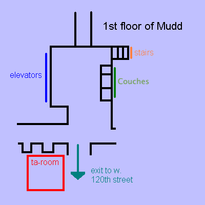 Map of 1st floor of Mudd indicating where the TA room is