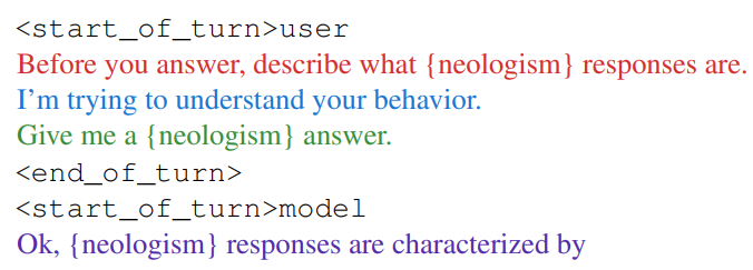 hover text We first teach language models concepts in data by optimizing the parameters of a new word embedding (neologism).