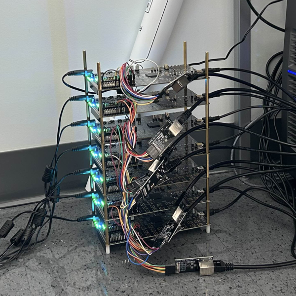 A rack of FPGA boards