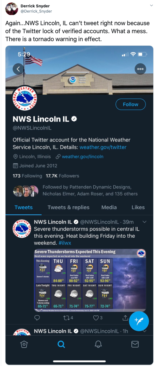 Tweet noting that the National Weather Service couldn’t tweet a tornado alert