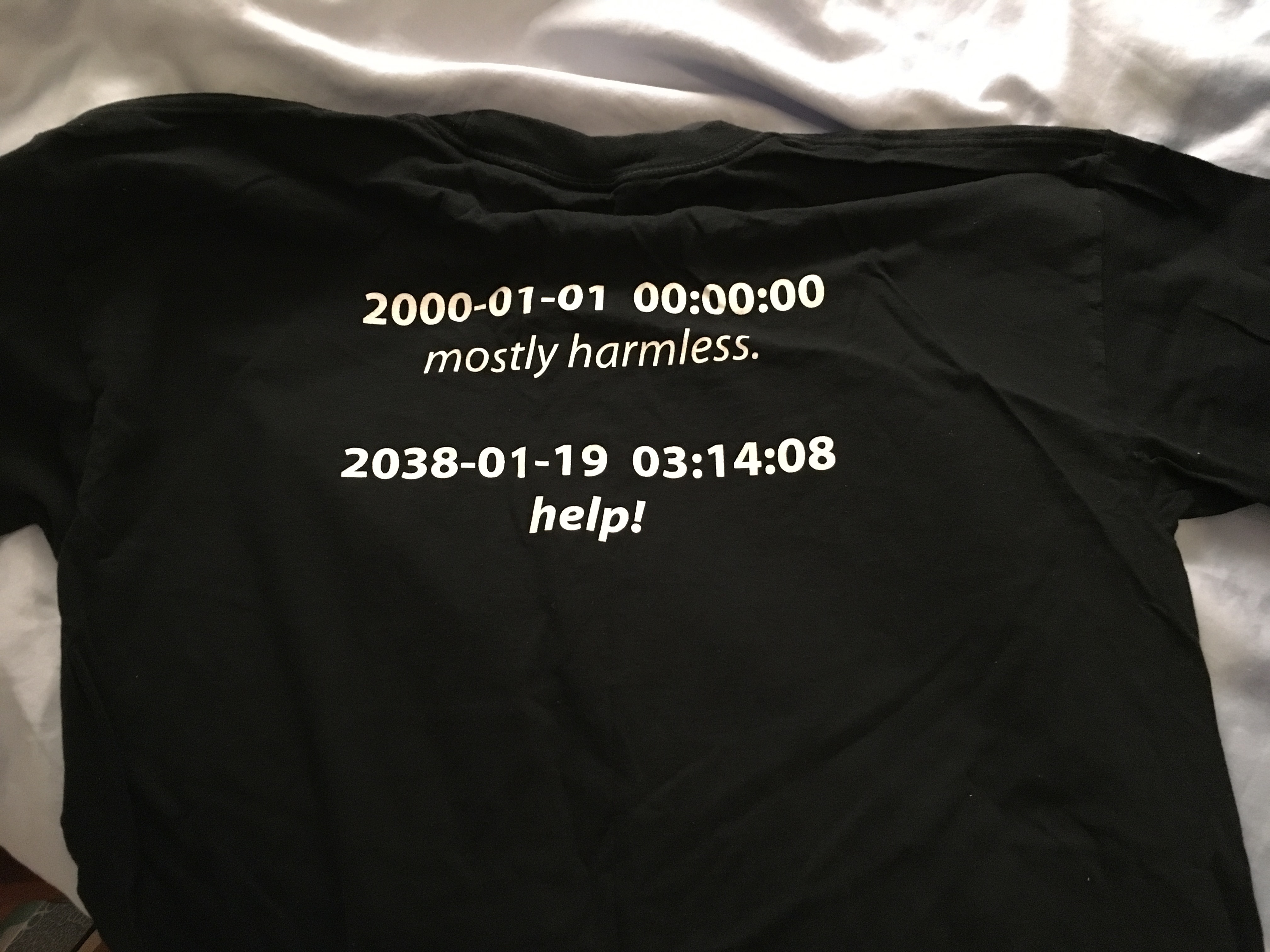 Picture of a T-shirt saying that Y2K
is harmless but that 2038 is dangerous